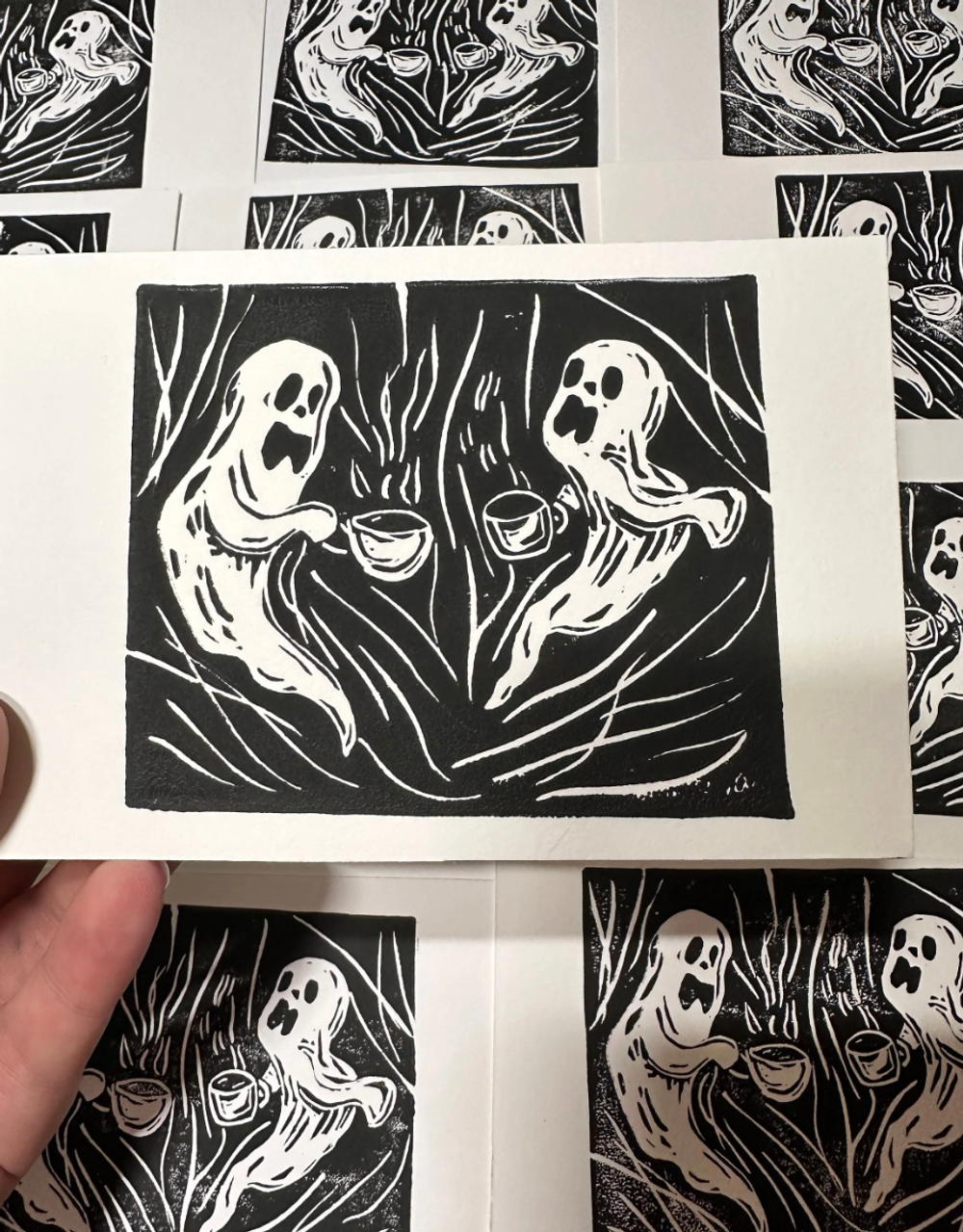 Halloween Ghost Coffee Block Print Art